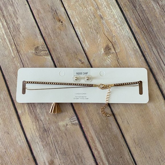 City New York Women's Brown Two Strand Choker Necklace & Earring Set Gold Studs - Picture 2 of 3